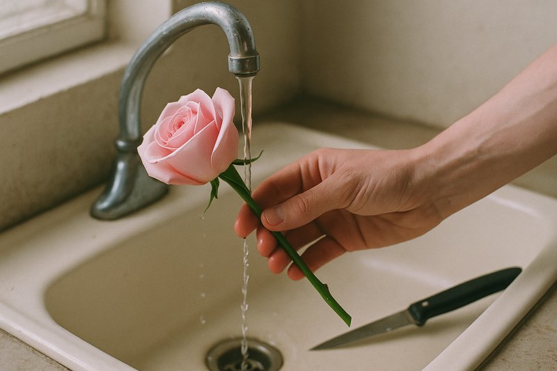 Cutting a rose stem at 45° under water