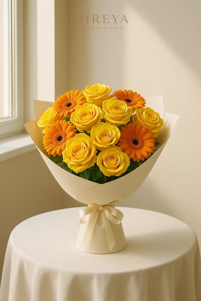 Bouquet Merci — 15 Yellow/Orange Roses + Gerberas