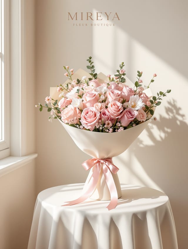 Bouquet Saluti — 15 Pink Roses + Eustomas